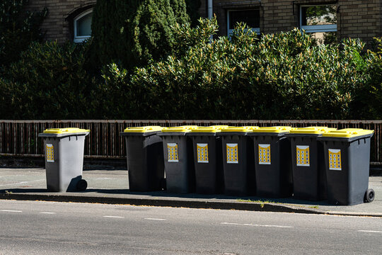 Row of yellow lid garbage bins on the street during the day