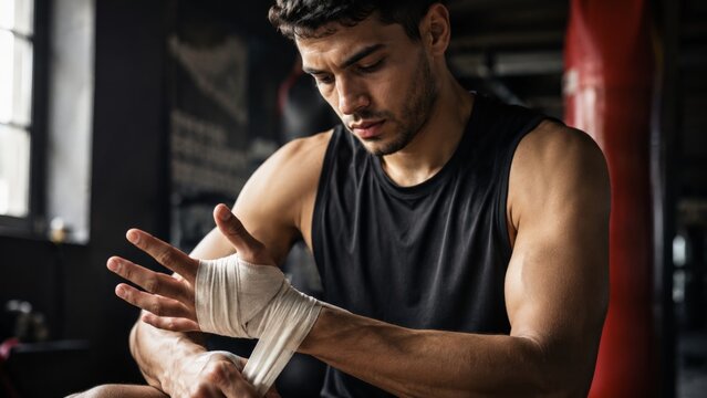 A man sits in a boxing gym, focusing on applying a white wrist wrap to his hand before starting a striking or heavy bag workout session