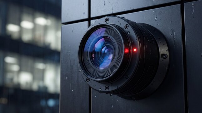 Close up of a smart built in security camera with a red led light on a wet dark wall during rain