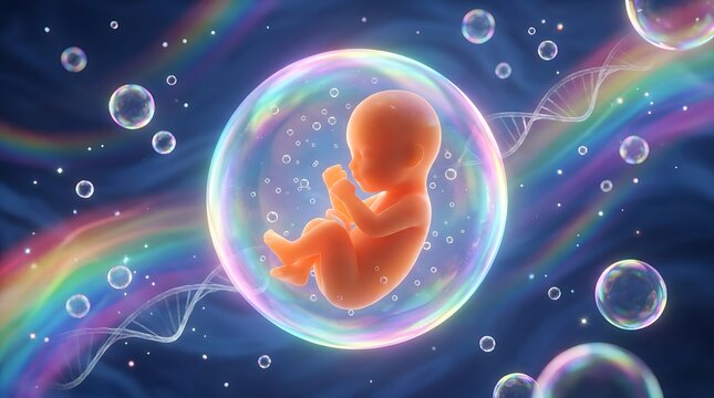 Fetus developing in amniotic sac surrounded by bubbles and rainbow light streaks with DNA strands intertwined representing concept of life science and genetic information.
