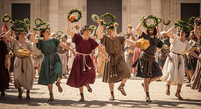 Women in traditional folk costumes dancing with baskets in outdoor festival