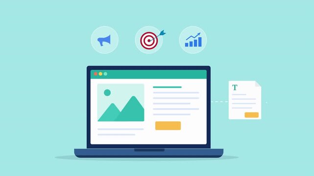 Modern flat vector animation featuring a laptop dashboard with social media, engagement, and analytics icons. Ideal for digital marketing, audience growth, performance tracking, and business insights 