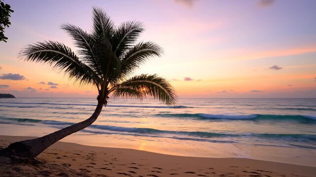 Sloping palm trees and sunset views by the beach, sunset breeze by the sea