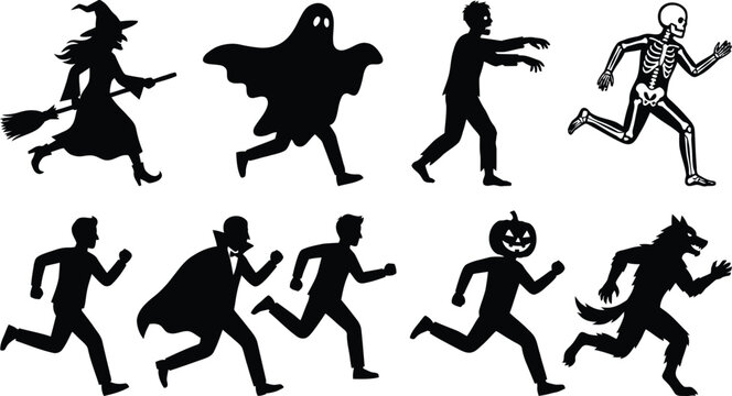 Halloween characters running vector illustration