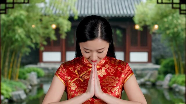 A woman in a cheongsam makes a gesture in a Chinese garden scene