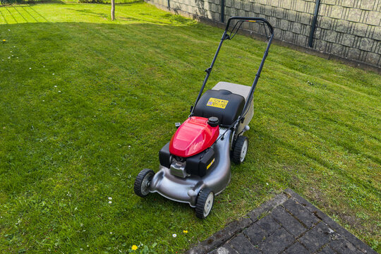 Lawn mower parked on freshly cut grass in a backyard