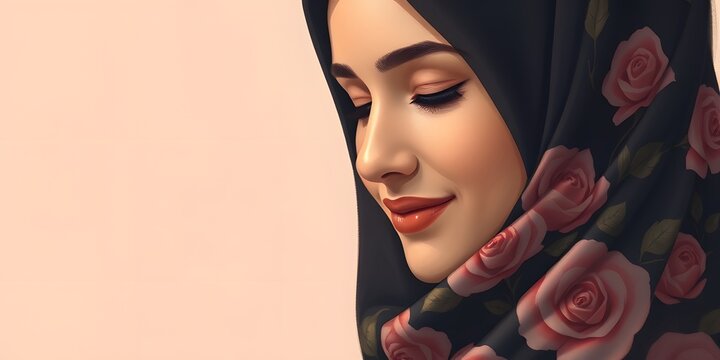 Elegant digital painting of a Muslim woman in a floral prayer veil, featuring soft brushstrokes, warm earthy tones, delicate roses, and a gentle, peaceful smile.