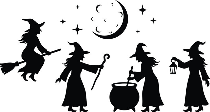 Four witches flying and casting spells at night