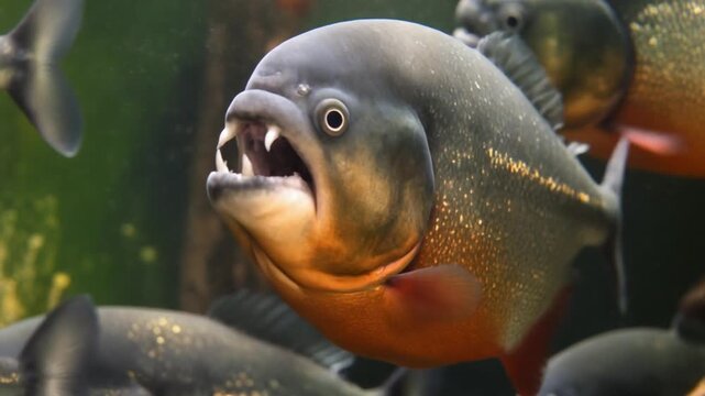 Aggressive piranha showing sharp teeth while swimming underwater