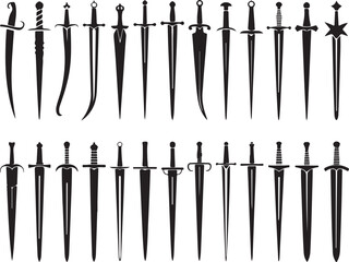 Obraz premium Set of various medieval sword silhouettes isolated on transparent background historical weapons collection sharp steel blades.
