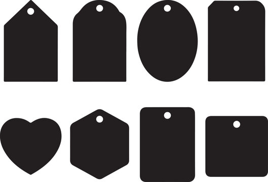 Black blank price tag collection shapes isolated on transparent background set of paper labels for retail sales and branding.