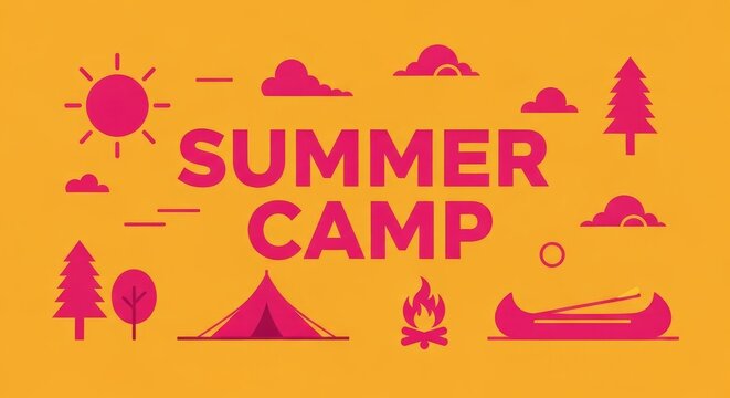 Summer camp graphic background with tent canoe campfire trees and sun for kids poster and banner design minimal flat style