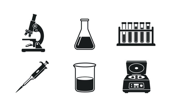 Science laboratory equipment icons set including microscope, pipette, flask, beaker, centrifuge, and test tubes for medical research