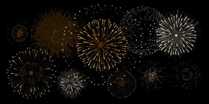 Cluster Of Realistic Gold And White Fireworks Against A Black Background Digital Illustration firework