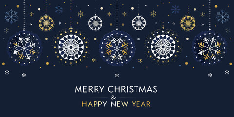 Circular snowflake ornaments with gold accents a dark blue vector illustration for seasonal greetings © Rina
