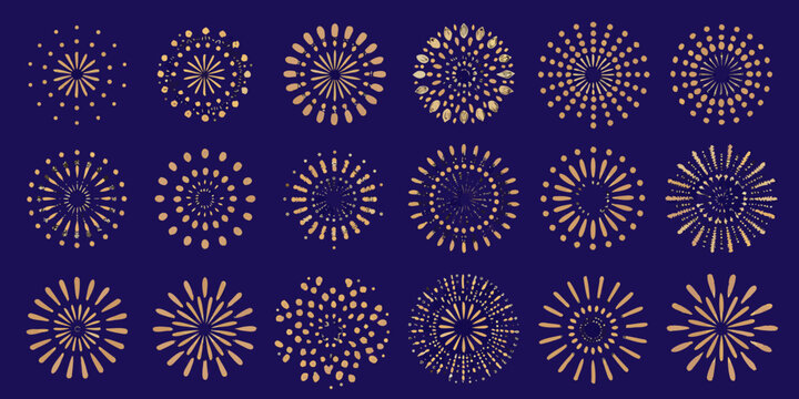A grid of twenty one golden firework burst designs on a dark purple background vector illustration