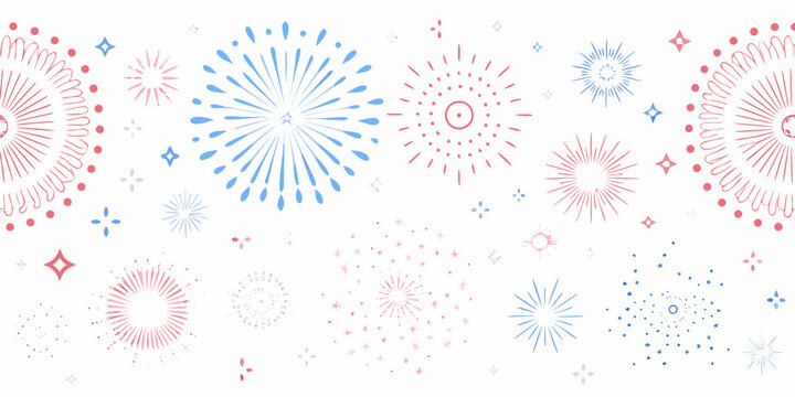 Fireworks display pattern with radial bursts in red and blue set against a white background