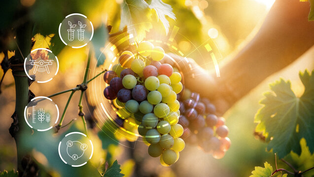 Smart farm technology used in grape harvesting at sunset in a vineyard