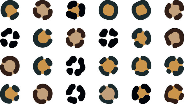 Leopard Print Vector Icon Set Featuring Various Isolated Spotted Rosette Shapes with Organic Wild Animal Fur Textures for Fashion Surface Designs