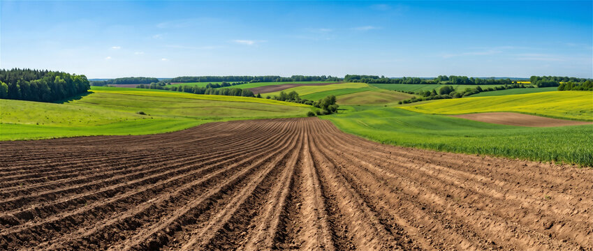Freshly cultivated farmland with parallel furrows stretching across rolling countryside beneath clear blue skies.