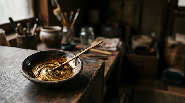 Gold lacquer mixing in a bowl on a rustic artisan workbench for repair
