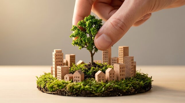 Hand placing miniature green tree on mossy island with tiny wooden buildings representing sustainable city development and eco friendly urban planning concepts.