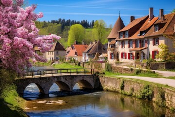 Fototapeta premium Picturesque village with historic buildings lining a river, stone bridge, and blooming cherry tree