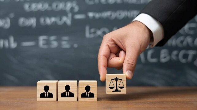 A hand in a business suit placing a wooden block with a scale icon on a table with three blocks featuring silhouettes of people in suits, symbolizing justice and equality in a professional setting wit