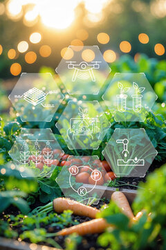 Smart farm technology works with vegetables during sunset hours in a garden setting