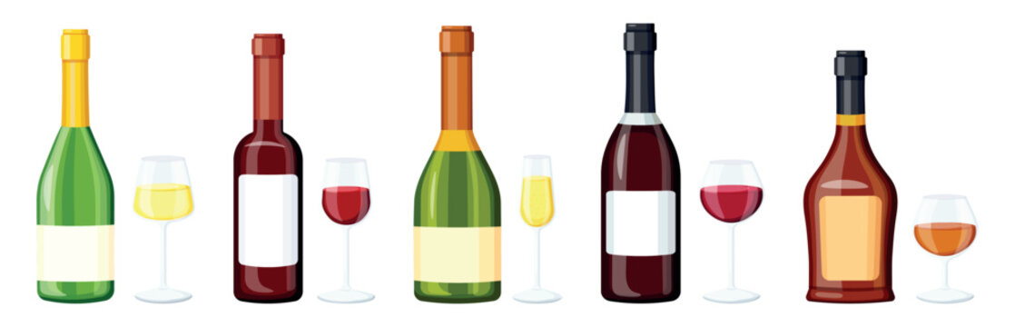 Set alcoholic drinks in cartoon style. Vector illustration of bottles with labels, glasses of various shapes and sizes: red and white wine, champagne with bubbles, cognac isolated on white background.