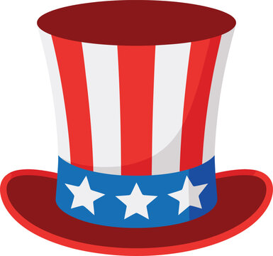 Tall patriotic hat with red and white vertical stripes, blue band, and white stars, flat uncle sam hat
