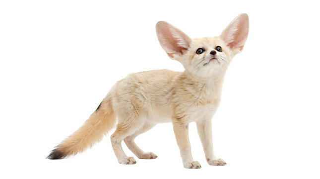 Cute fennec fox with large ears standing against a pure white background looking upwards with curiosity and bright eyes in a sharp high resolution studio photograph showing incredible soft fur.