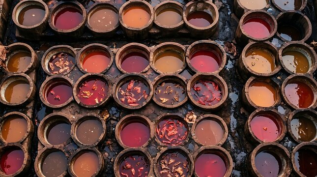 Rows of stone vats filled with natural dye for leather tanning