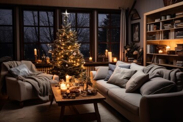 Obraz premium Living room interior creating a hygge atmosphere with festive decorations, candles, and a decorated tree