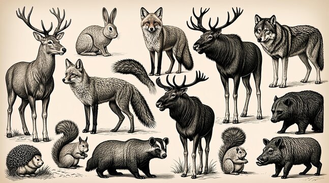 Vintage engraved style illustrations of forest wildlife and woodland animals