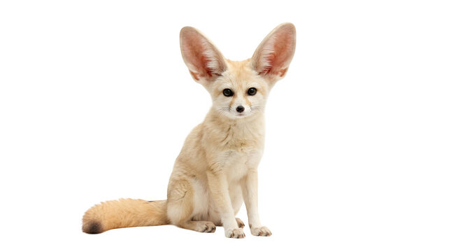 Adorable fennec fox with oversized ears sitting upright against a clean white studio background showing its soft tan fur and dark expressive eyes in a professional high quality studio portrait