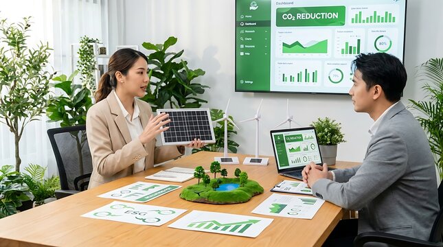 Business people discuss renewable energy solutions in eco-friendly office with solar panel and wind turbine models and CO2 reduction dashboard on screen.