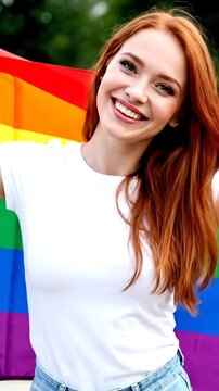 Smiling young woman holding a rainbow pride flag outdoors in a park