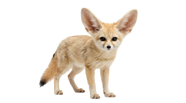 Adorable fennec fox standing with its large triangular ears alert against a pure white background captured in high resolution with sharp focus on its face and soft golden tan fur