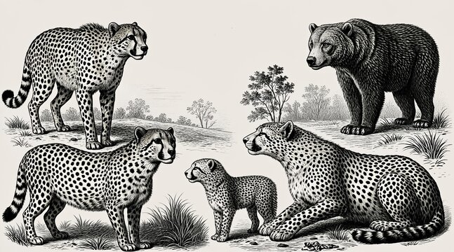 Vintage Style Etching Illustration of Cheetahs and a Grizzly Bear in a Natural Landscape
