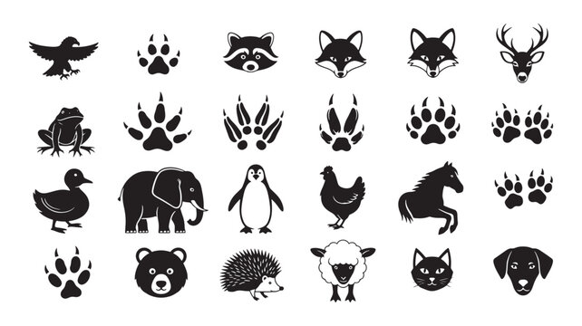 Animal Icons And Paw Prints Set In Silhouette Style For Wildlife And Pet Design