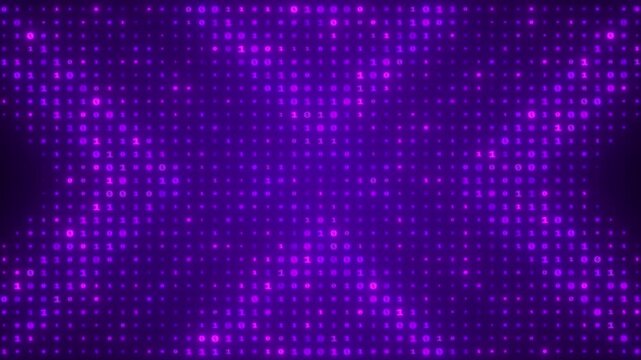 Futuristic neon purple binary code background with flashing zero and one matrix numbers on digital network grid seamless loop 4k video