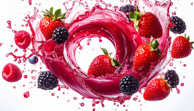 dynamic vortex splash of mixed berry juice%E2%80%94strawberries  raspberries