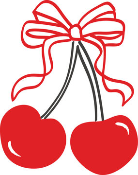Hand-drawn red cherries with an ornate ribbon bow outline isolated on white background. A whimsical line art fruit illustration for Valentine's Day, wedding decorations, and cute romantic designs.