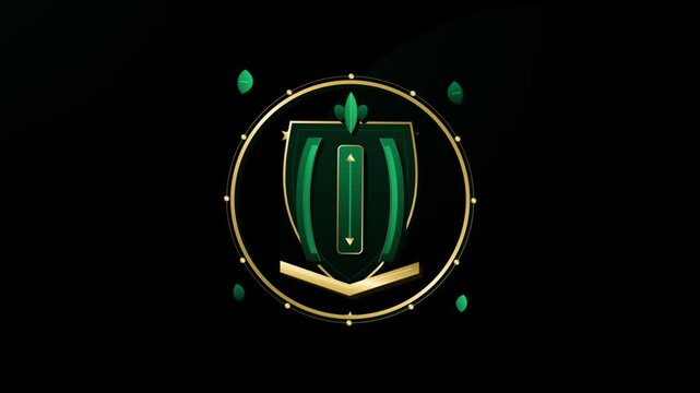 Animated golden and green shield emblem with metallic shine animation on a black background.