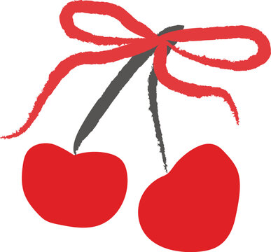 Hand-drawn red cherries with a ribbon bow isolated on white background. A whimsical brush stroke fruit illustration for Valentine's Day, wedding invitations, and cute romantic designs. Vector.
