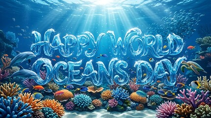 Happy world oceans day text underwater with coral reef and marine life