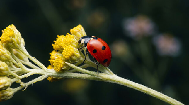 Macro image of red ladybug on yellow wildflower, highlighting vivid colors and delicate textures.