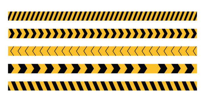 Warning caution tape border collection showcasing black and yellow chevron stripes for construction zones, hazard alerts, safety signage, and danger barriers.