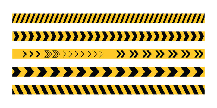 Caution tape border set featuring black and yellow chevron stripes for warning signs, construction zones, hazard markings, and safety barrier designs.